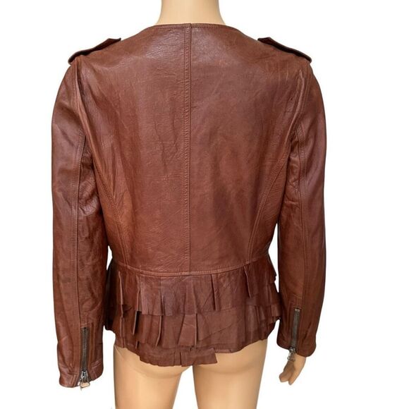 3.1 Phillip Lim Lambskin soft Leather Ruffled Cognac Zip Up Jacket silk lining 4 - Picture 6 of 16